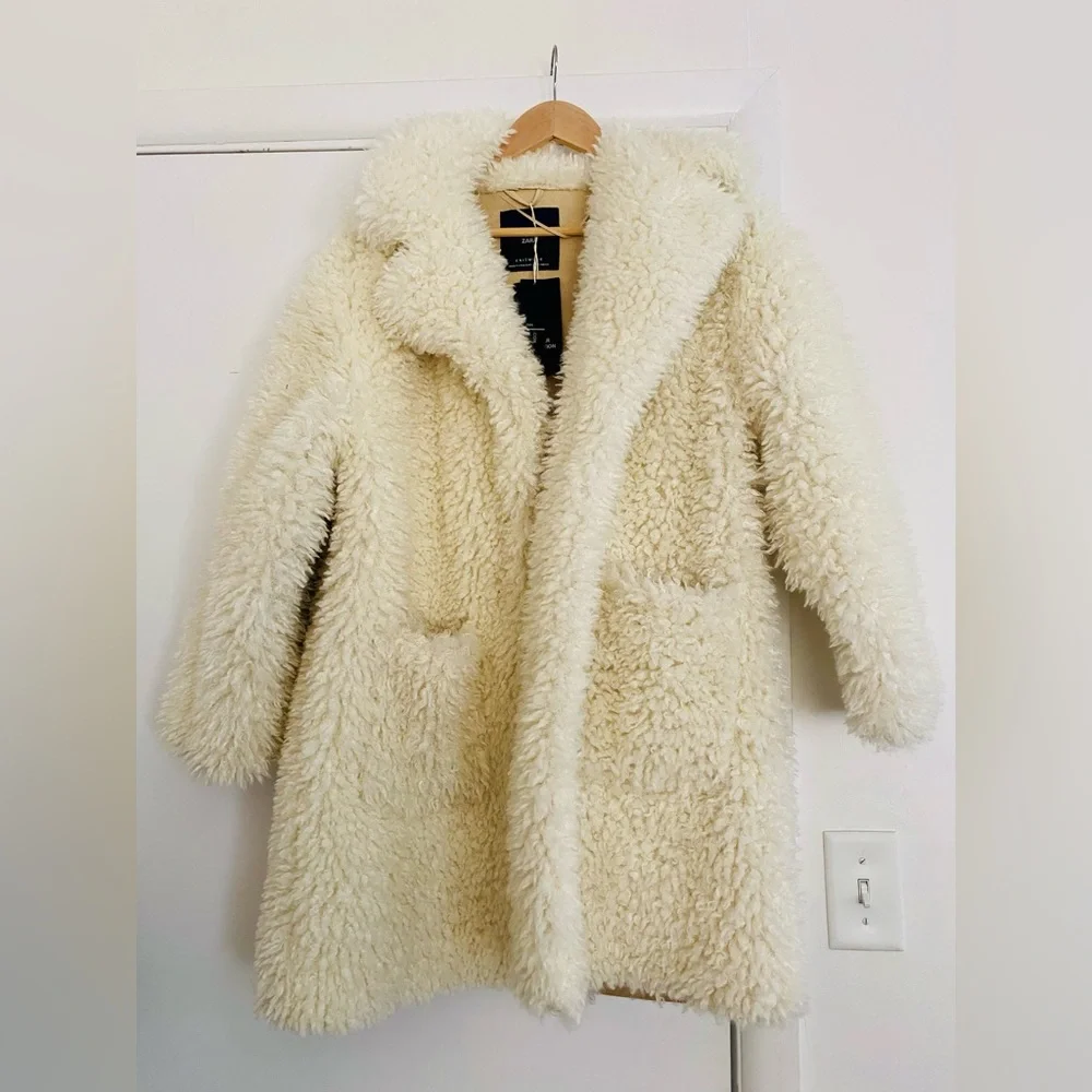 NWT Zara white textured curly knit teddy coat S - Picture 6 of 9